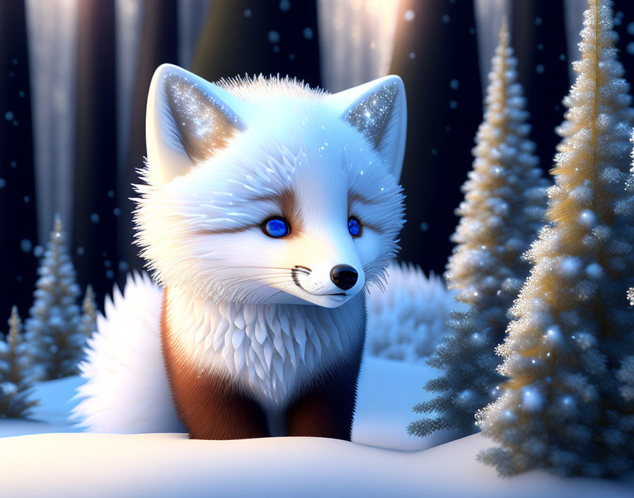 White and Orange Fox 3D Illustration in Snowy Night Scene