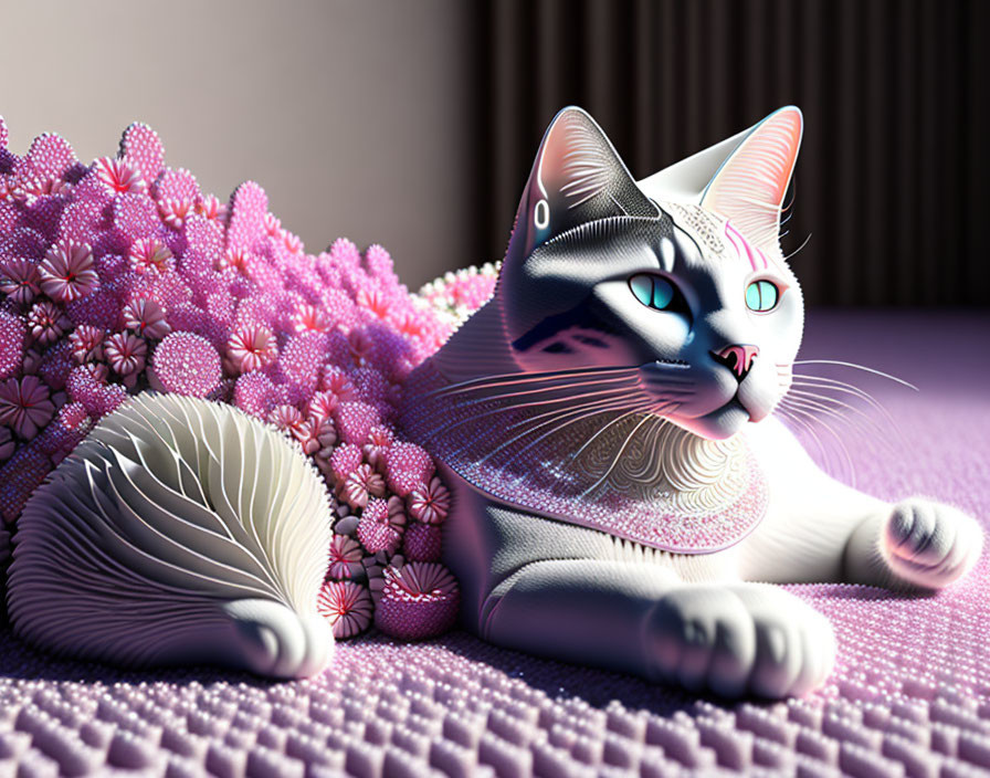 Stylized cat with intricate patterns among purple flowers