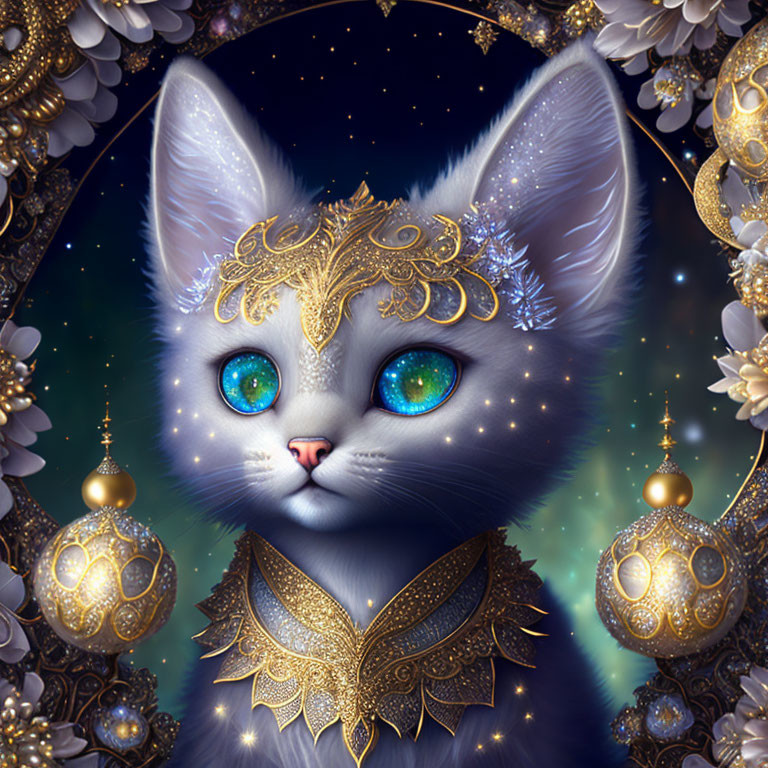 Majestic white cat with blue eyes in ornate gold setting