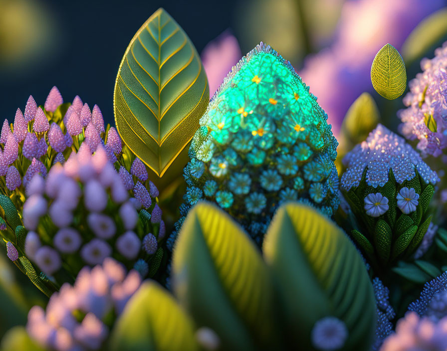 Colorful digital artwork featuring stylized plants with intricate patterns and sparkling textures.