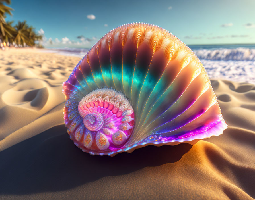 Colorful Seashell on Sunlit Sand with Ocean Waves