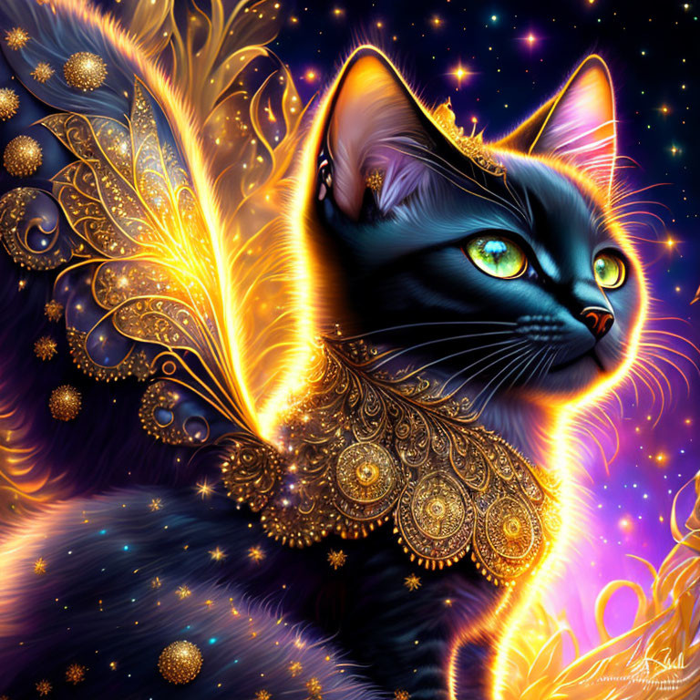 Mystical black cat with blue eyes and wings on cosmic backdrop