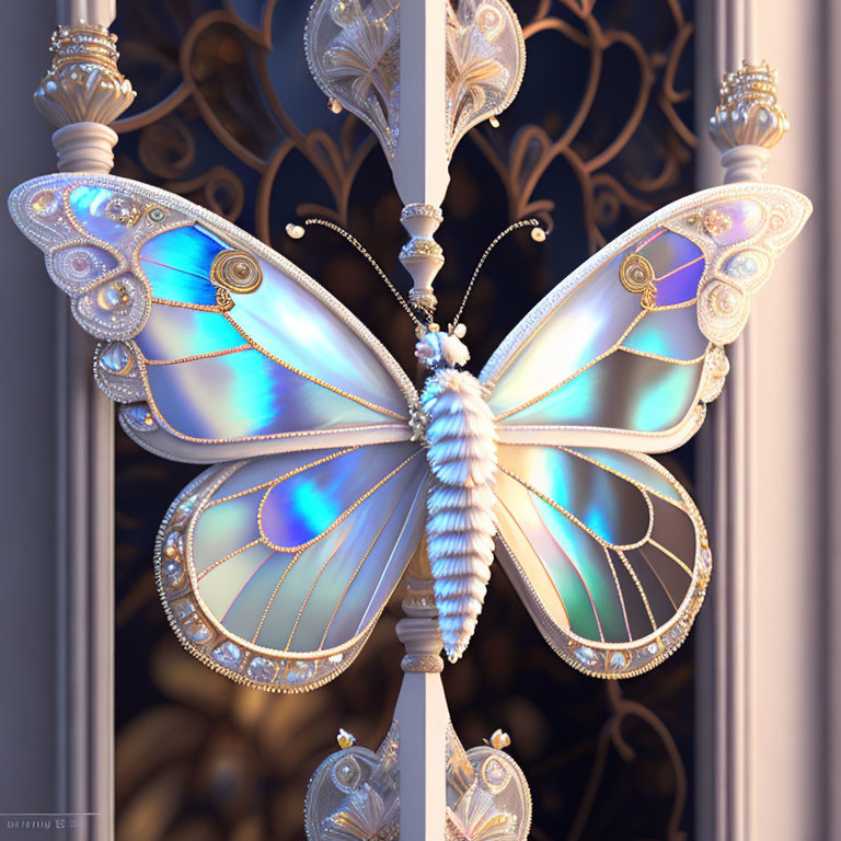 Intricately designed jeweled butterfly on ornate metal gate