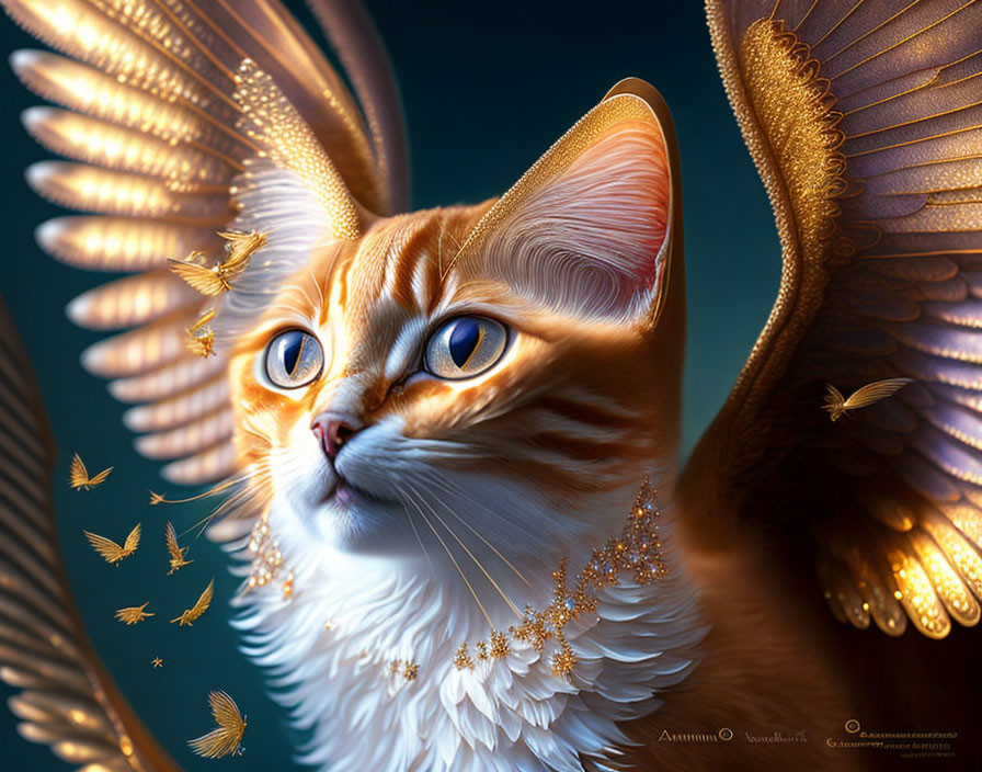 Majestic orange cat with golden wings and butterflies portrait