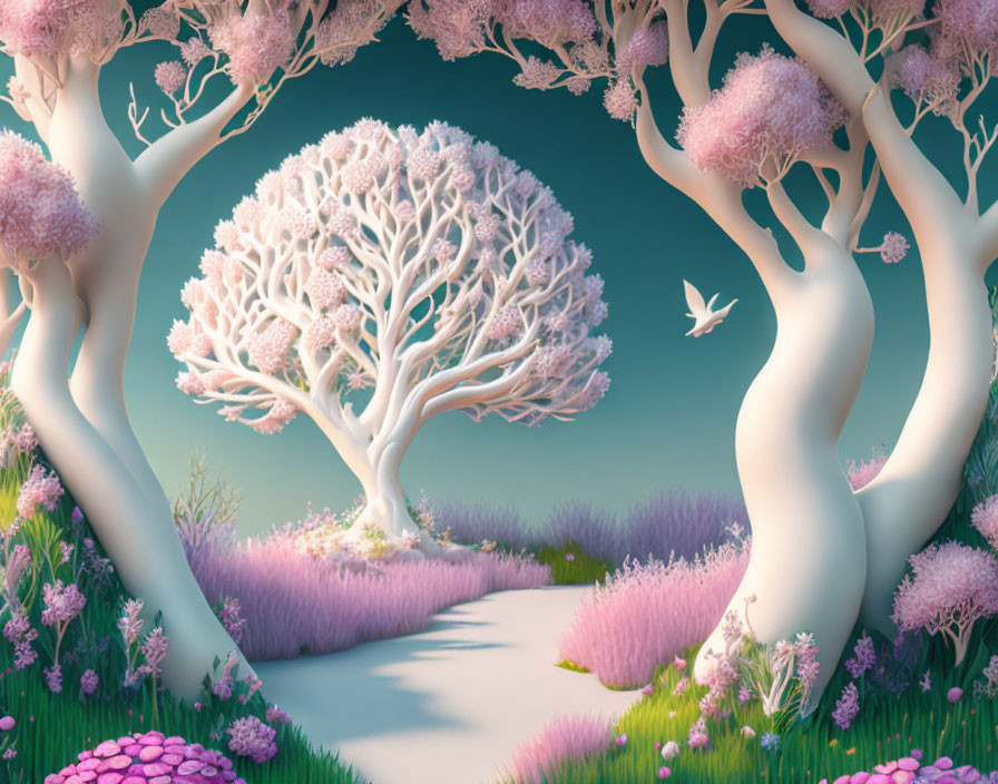 Pastel-colored landscape with curvy white trees, winding path, colorful flora, and bird in flight