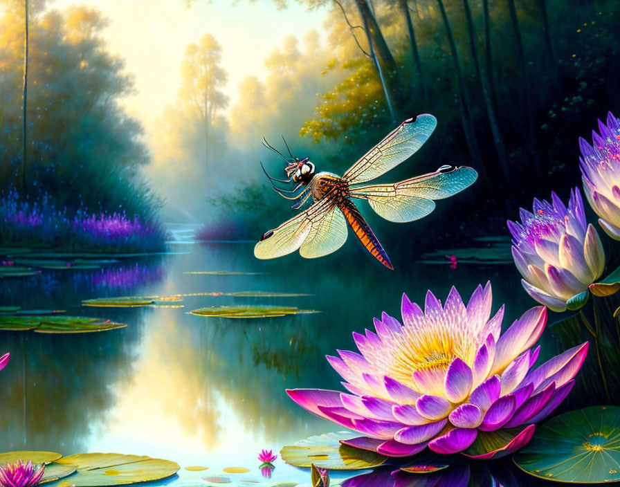 Digital Artwork: Dragonfly over Purple Water Lilies in Mystical Setting