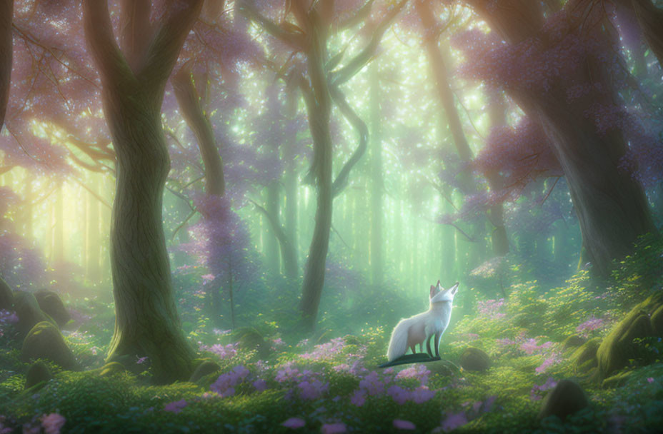 Tranquil forest scene: purple foliage, sunlight, mist, white fox, blooming flowers