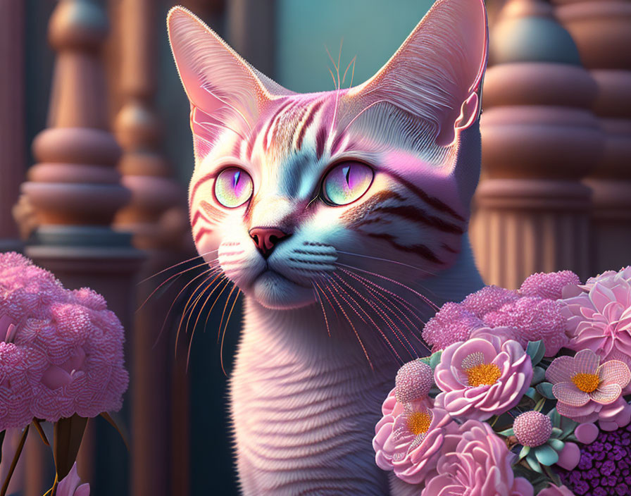 Digital art: Pink-hued cat with neon outlines and flowers