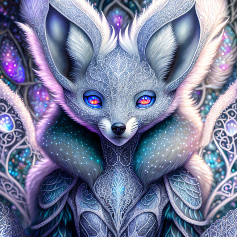 Colorful mystical blue fox illustration with intricate patterns and multicolored eyes.