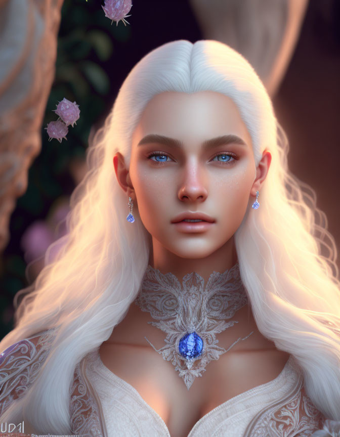 Digital portrait of woman with blue eyes, white hair, lace choker, blue gemstone, on