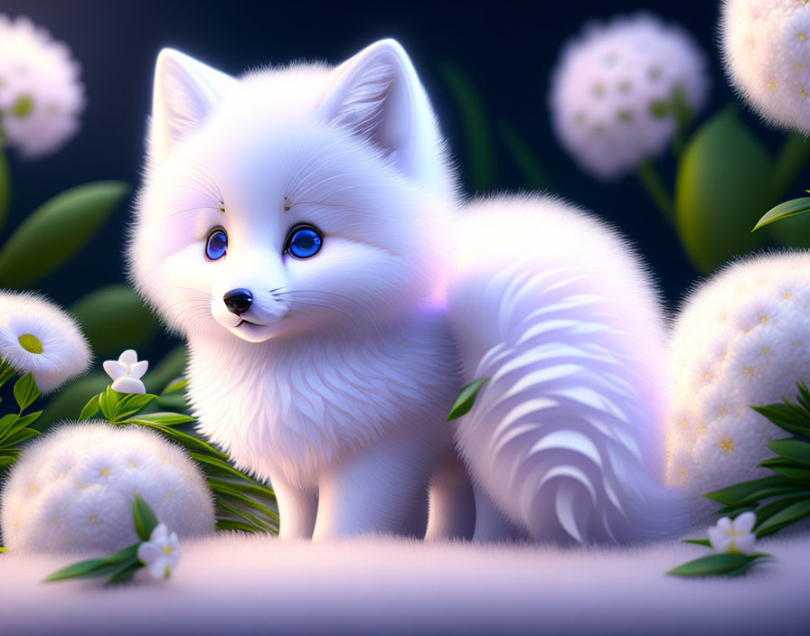 Fluffy White Animated Puppy in Dandelion Field