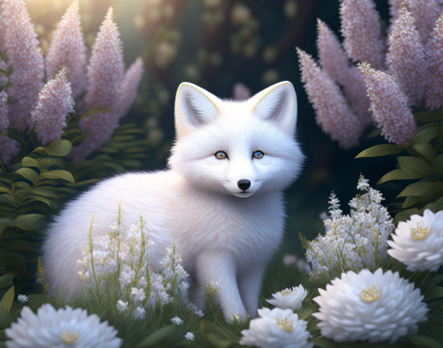 White Fox Among Blooming Flowers and Foliage