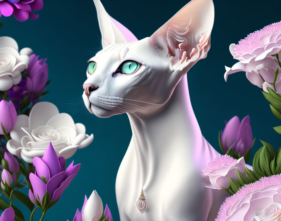 Stylized digital illustration of white sphynx cat with green eyes and pink flowers on teal background