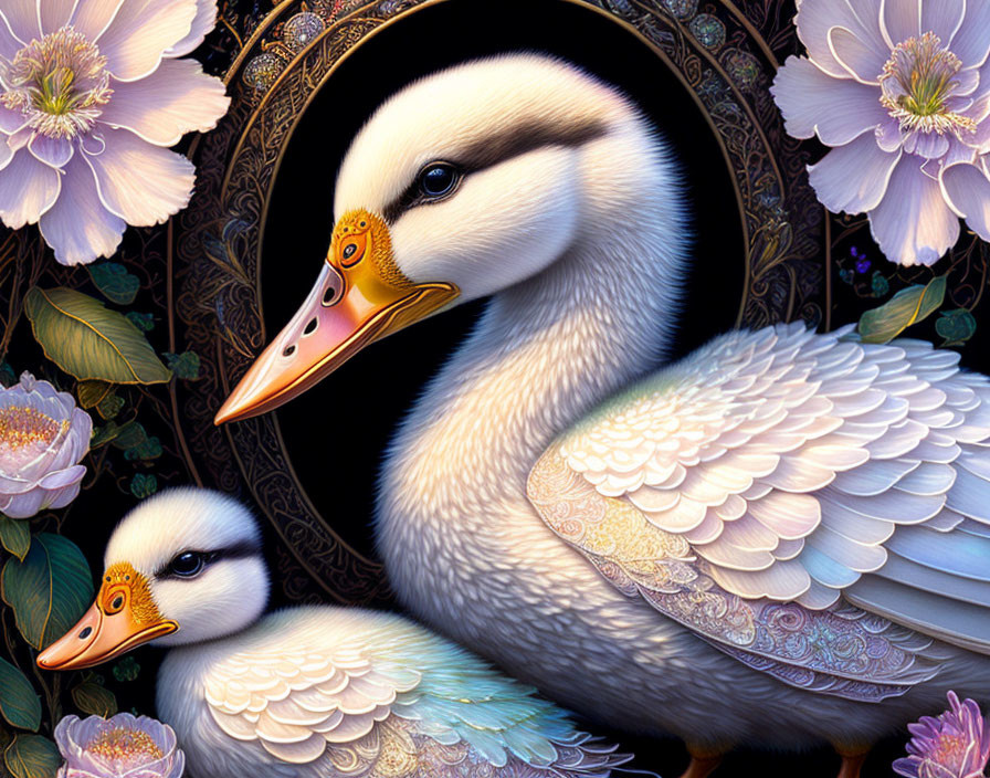 Highly Detailed Illustrated Ducks on Floral Background