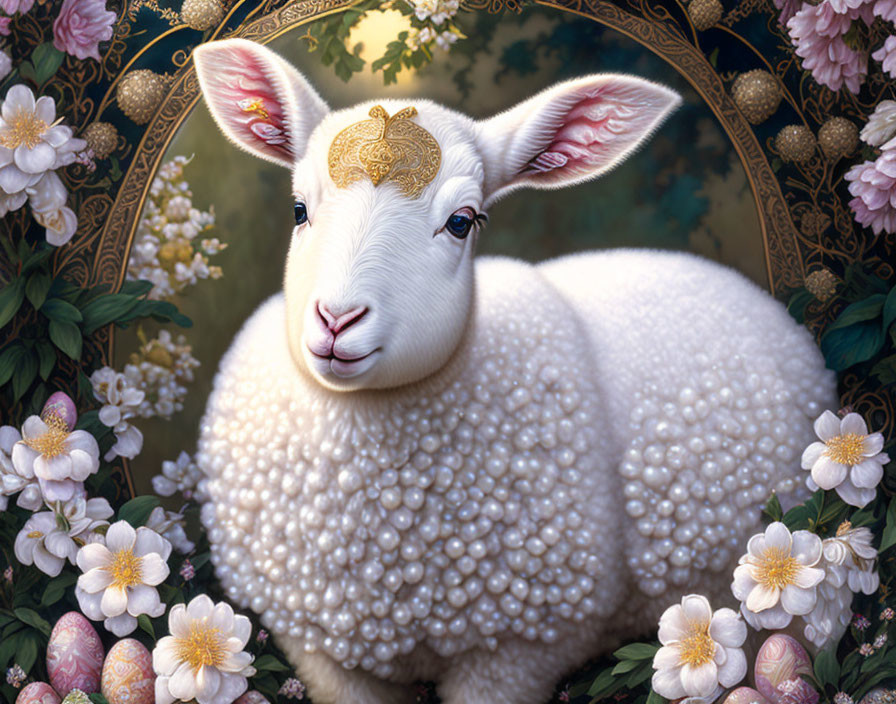 Detailed illustration: Lamb surrounded by flowers with golden adornment on forehead