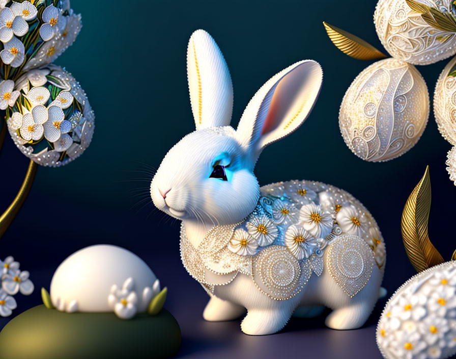 Digital Artwork: White Rabbit, Easter Eggs, Daisies on Blue Background