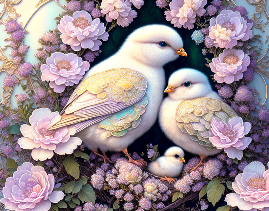 Ornate white adult birds and chick in floral setting