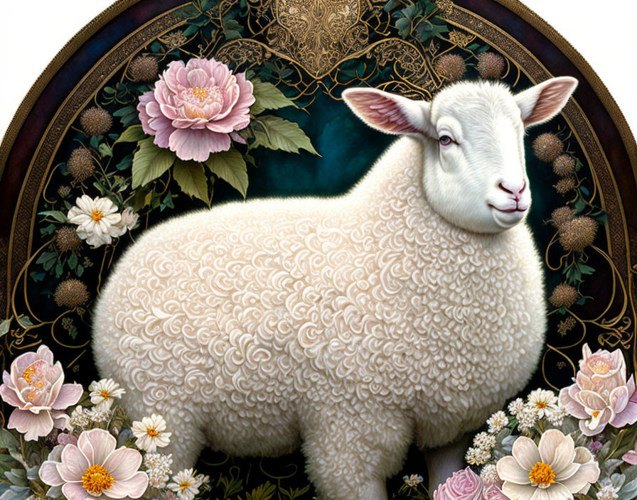 Detailed Sheep Illustration with Intricate Wool Patterns and Ornate Floral Designs