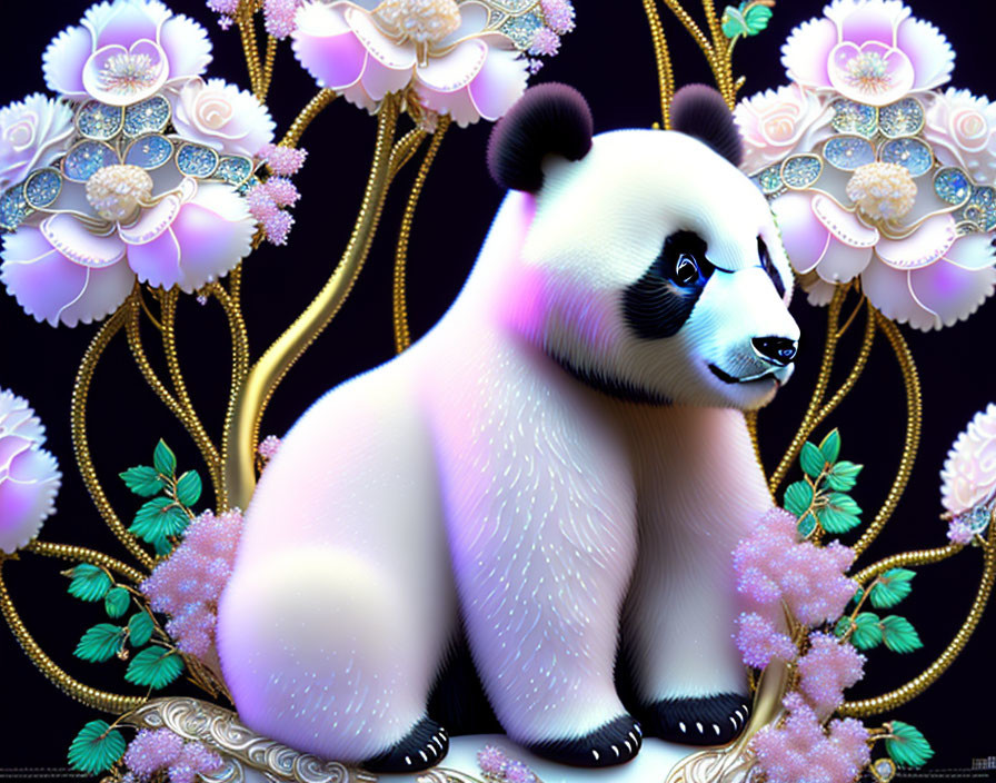 Illustrated panda surrounded by stylized flowers in black, white, and pastel colors