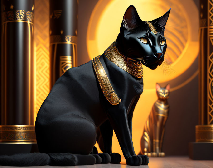 Black Cat with Gold Jewelry in Egyptian Temple Setting