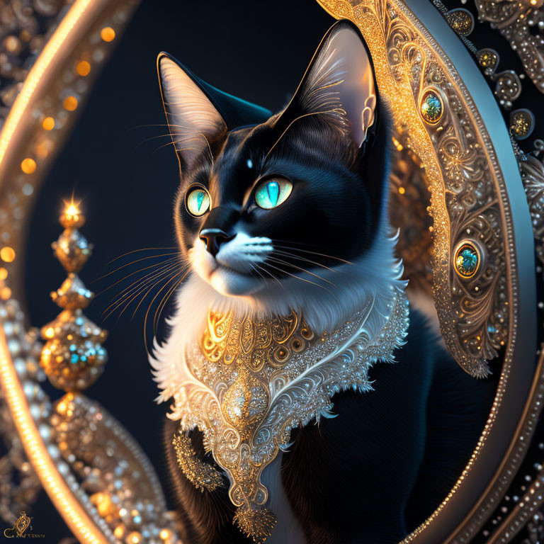 Regal Black Cat with Green Eyes and Gold Jewelry in Ornate Mirror