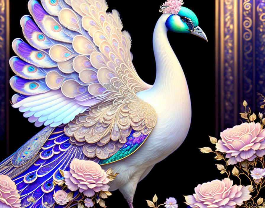 Colorful ornate white peacock illustration on dark background with roses