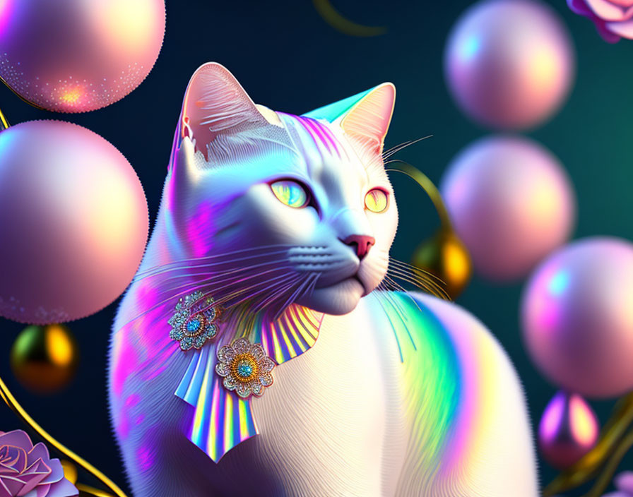 Colorful White Cat with Bow and Orbs in Enchanting Scene