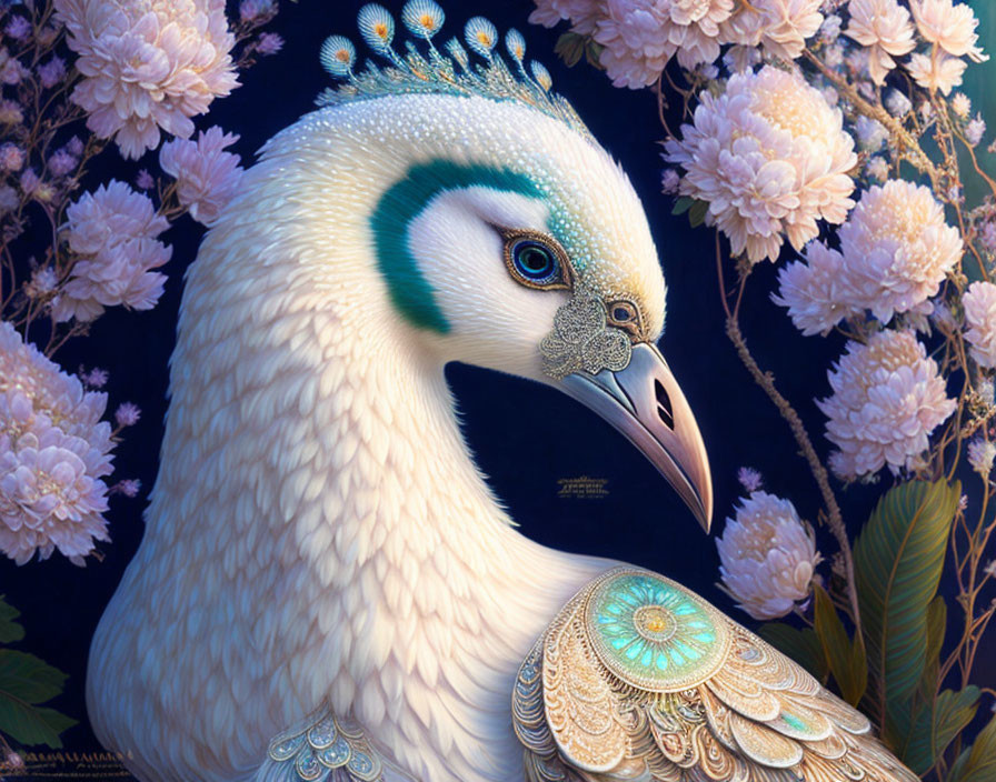 Majestic white peacock with blue and gold details on pink floral background