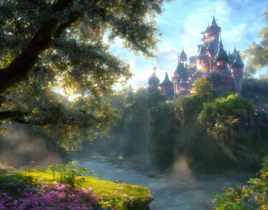 Enchanting castle on verdant cliff with waterfalls and golden mist.