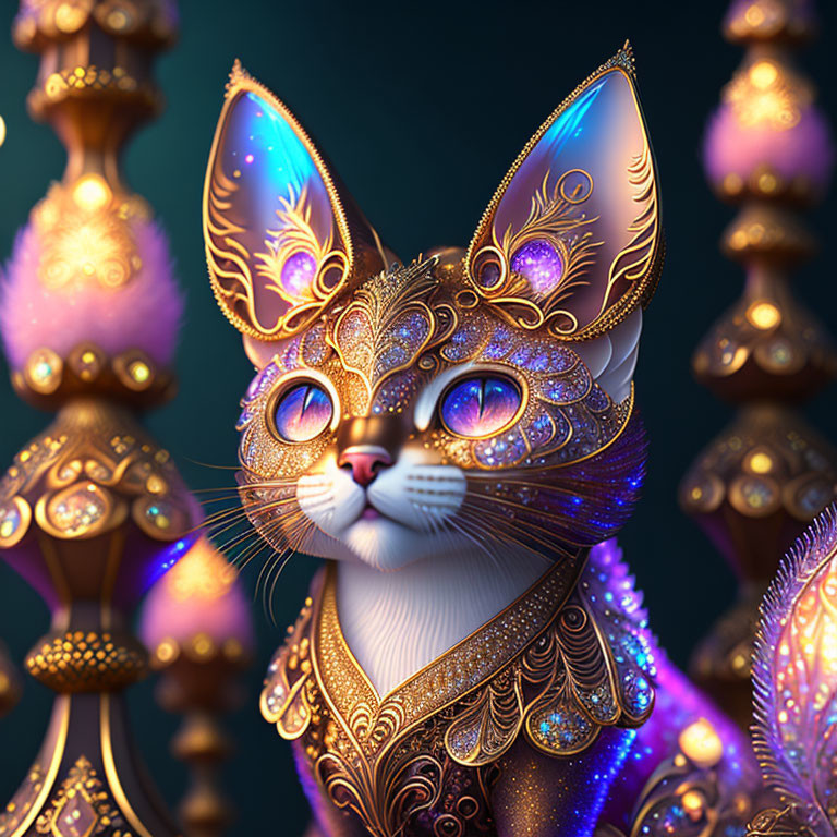 Ornate jewel-encrusted cat with gold patterns and luminous eyes against elegant ornament backdrop