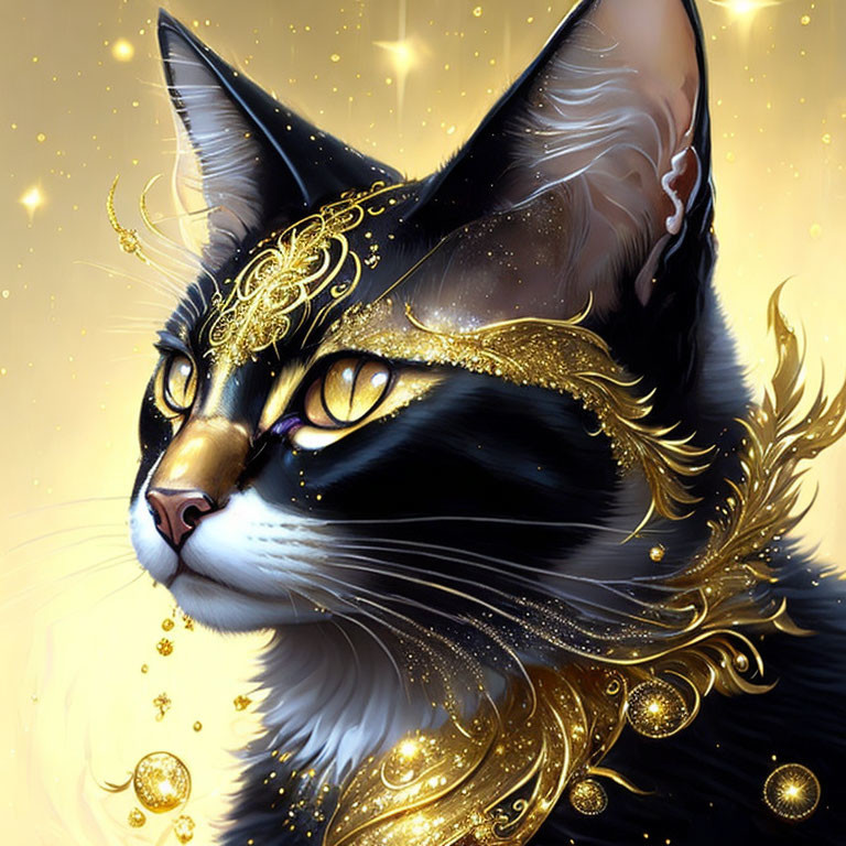 Majestic black cat with golden adornments on starry background