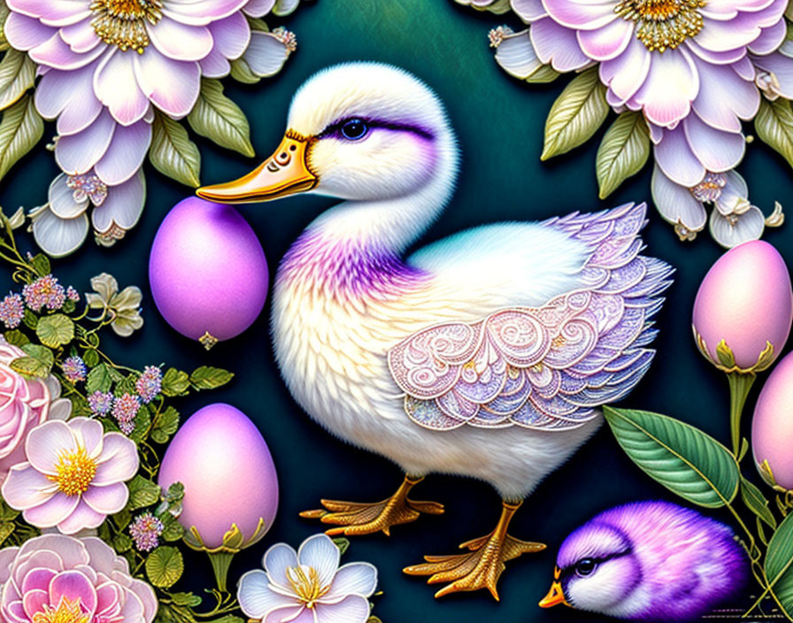 Whimsical duckling illustration with intricate feather patterns and pink flowers on teal background