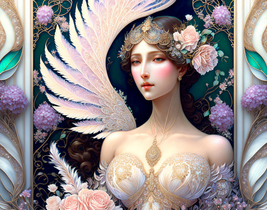 Ethereal artwork: Woman with angelic wings & ornate headdress, amidst flowers & patterns