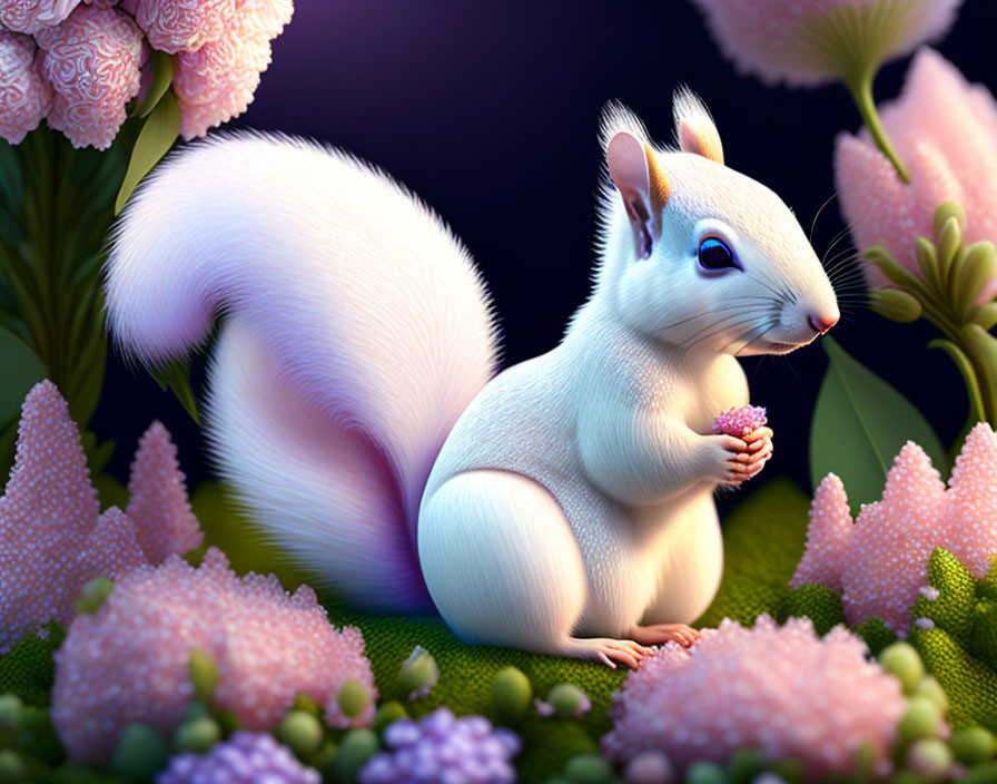 White squirrel with bushy tail and pink flower in vibrant flora.