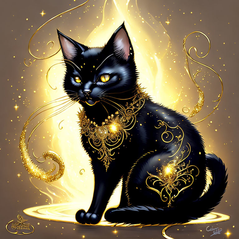 Illustration of majestic black cat with golden embellishments and sparkling eyes surrounded by ethereal swirls and