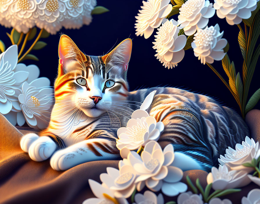 Colorful Tabby Cat Resting Among White Flowers on Dark Blue Background