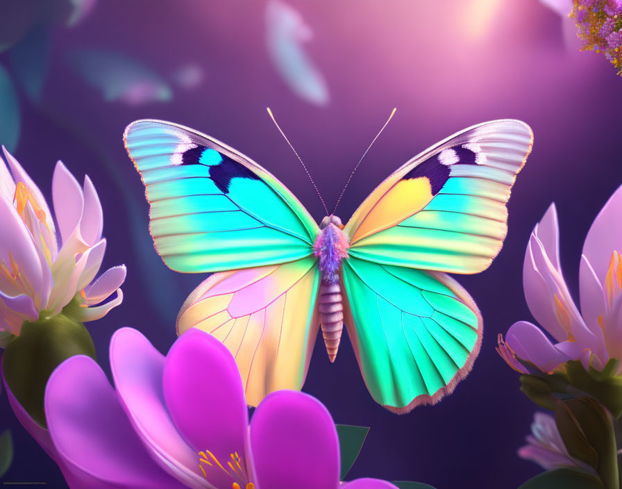 Colorful Butterfly Resting on Purple Flowers with Soft-focus Background