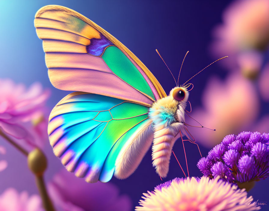 Close-up image of vibrant butterfly on pink flowers with blue and yellow wings.