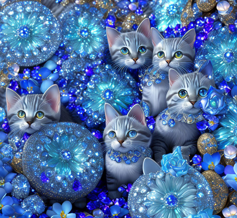 Gray Cats with Blue Eyes Surrounded by Blue Flowers and Jewels