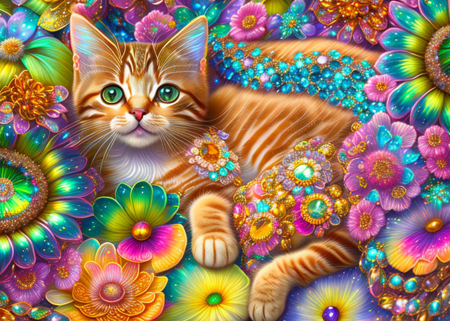 Colorful Kitten Surrounded by Flowers and Jewels