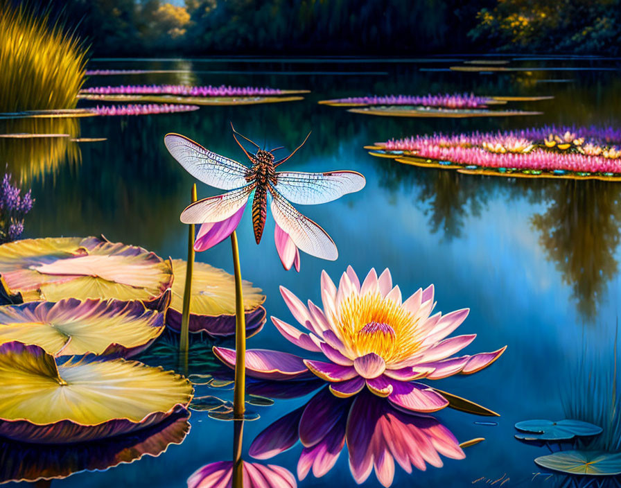 Colorful dragonfly on reed with water lilies in twilight pond