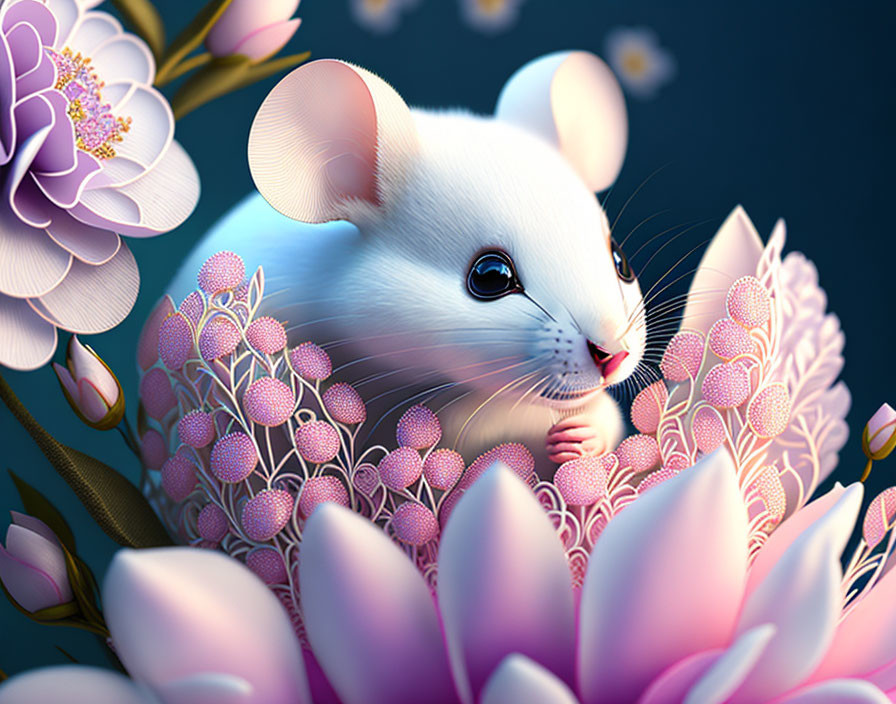 White Mouse Surrounded by Pink Flowers on Blue Background