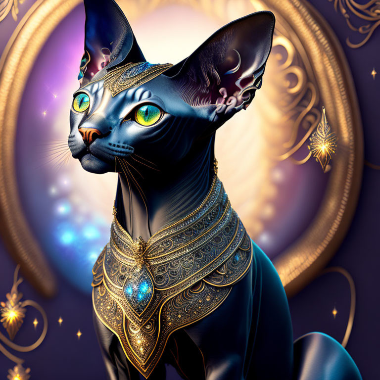 Regal black sphynx cat digital artwork with golden jewelry and mystical headdress