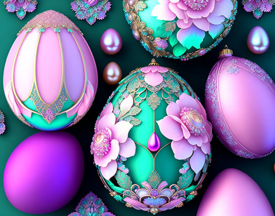 Colorful Easter eggs adorned with floral designs on dark teal background