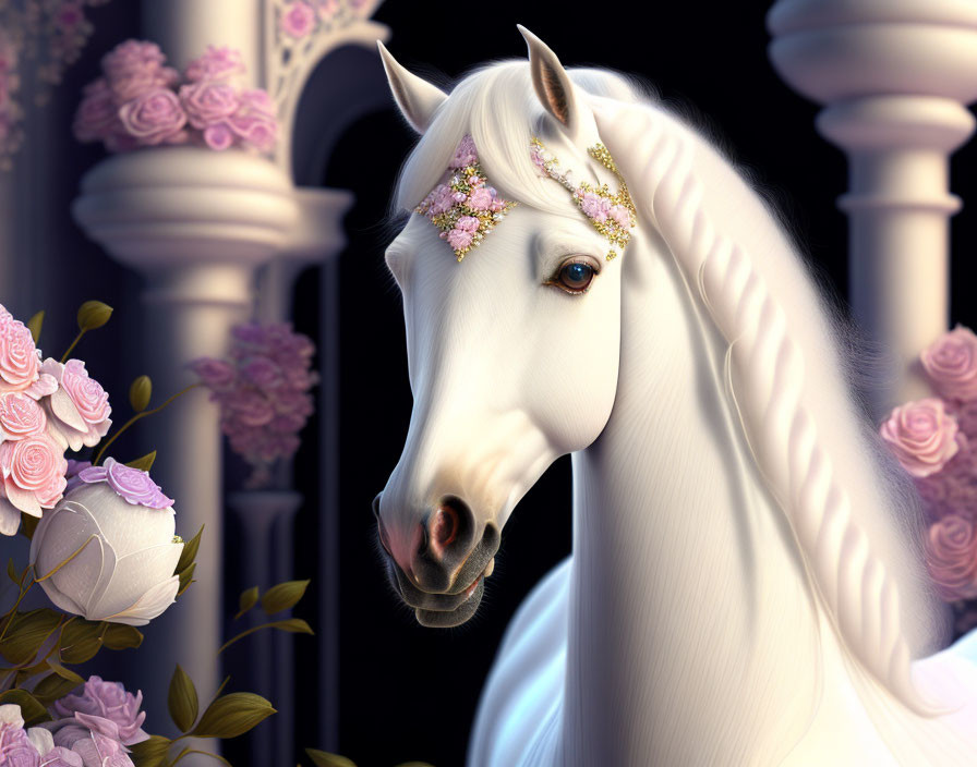 White Horse with Floral Headpiece Surrounded by Pink Roses and Pillar