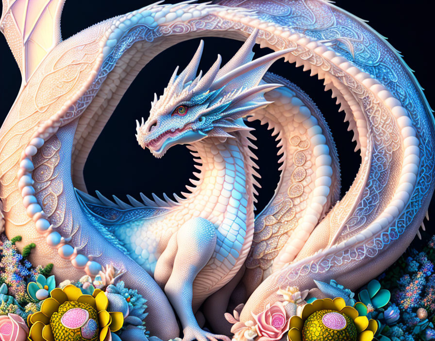 Blue and White Dragon with Detailed Scales and Flowers on Dark Background