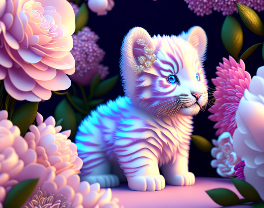 Colorful Digital Artwork: Stylized White Kitten with Blue Eyes Amid Pink Flowers