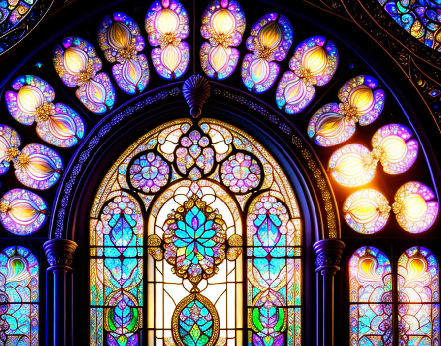 Intricate patterns in vibrant blues and purples on stained glass window