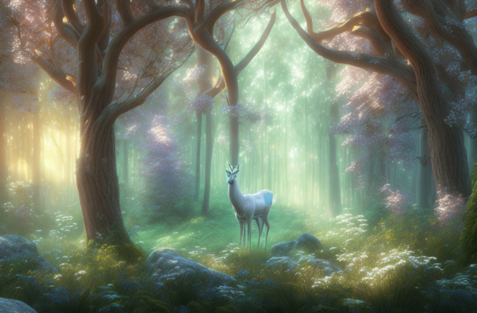 Tranquil forest landscape with white deer, flowers, and mist