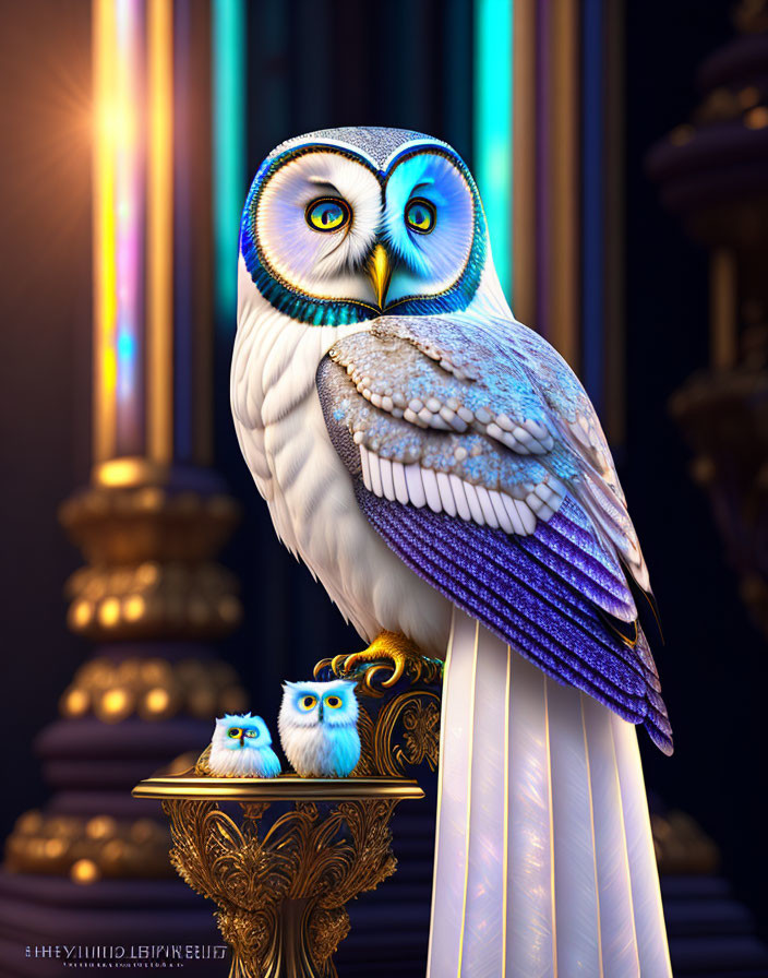 Majestic owl with intense blue eyes on gilded throne